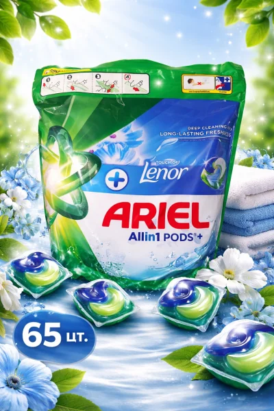 Капсули для прання з Ленор Ariel All in One Pods Touch of Lenor fresh Аріель парфумовані з помякшувачем Пакет 65шт - 2