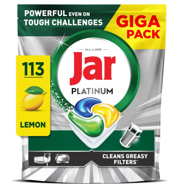 Капсули для посудомийних машин Безфосфатні Jar Platinum All in One Lemon Giga Pack Яр Платінум аромат Лимон Пакет 113шт - 1