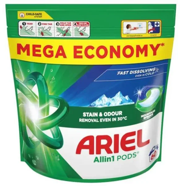 Капсули для прання Універсал Ariel Pods All-in-1 Stain&Odour removal Fast Dissolving Арієль Швидкорозчинні Гірська Свіжість 60шт - 1