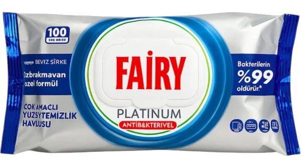 Вологі серветки для прибирання Антибактеріальні Fairy Platimun Antibacterial Фейрі Платінум з Білим оцтом пакет з Клапаном 100шт - 2