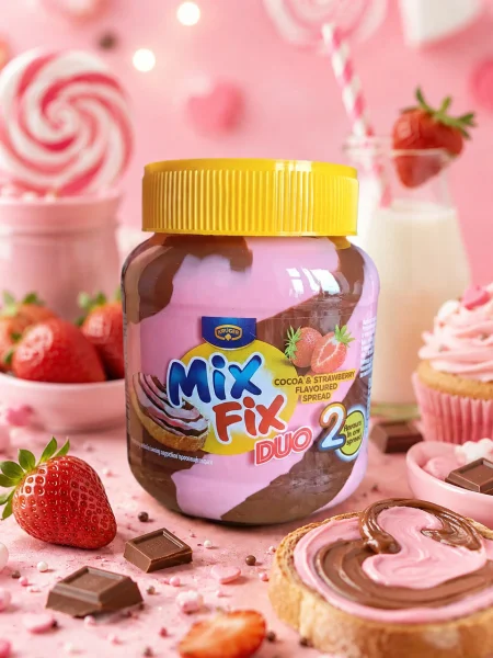 Шоколадна крем Паста полосата Kruger Mix Fix Duo2 Cocoa&Strawberry Flavoured Spread Крюгер Мікс Фікс смак какао з Полуницею 350г - 1