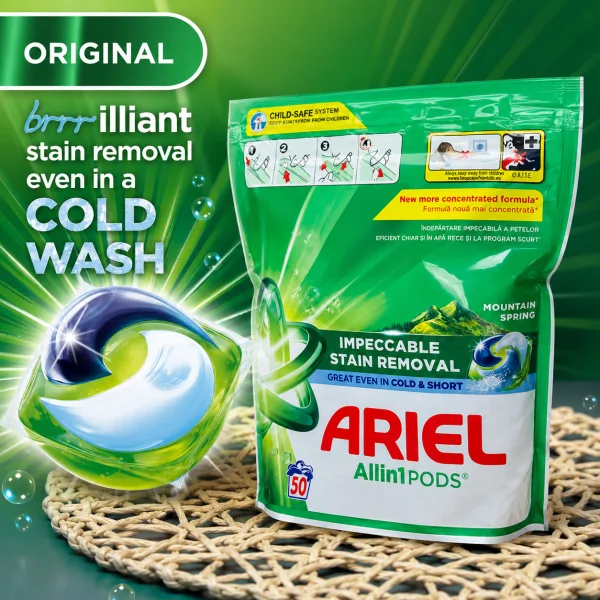 Капсули для прання 4в1 Універсал Ariel Pods All-in-1 Impeccable Stain removal Montain Spring Арієль Бездоганне видалення плям 50шт - 1