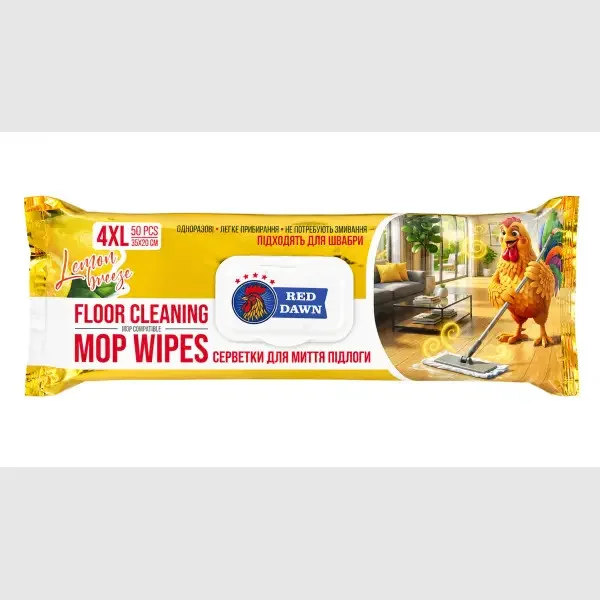 Серветки для прибирання Підлоги Моп систем Red Dawn Floor Cleaning MOP Wipes 4XL INDP comparable Ред Давн Лимон 50шт - 2