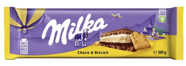 Шоколад плитка сендвіч Milka Choco & Biscuit Alpine Milk Chocolate Мілка Молочний Шоколад з бісвітним печивом 300г - 1