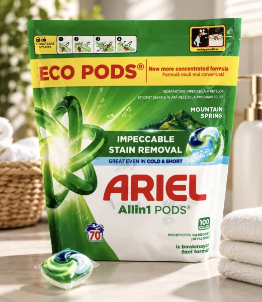 Капсули для прання Універсальні Ariel Eco Pods All-in-1 Stain Removal Mountain Spring Арієль Швидкорозчинні Виведення плям 70шт - 1