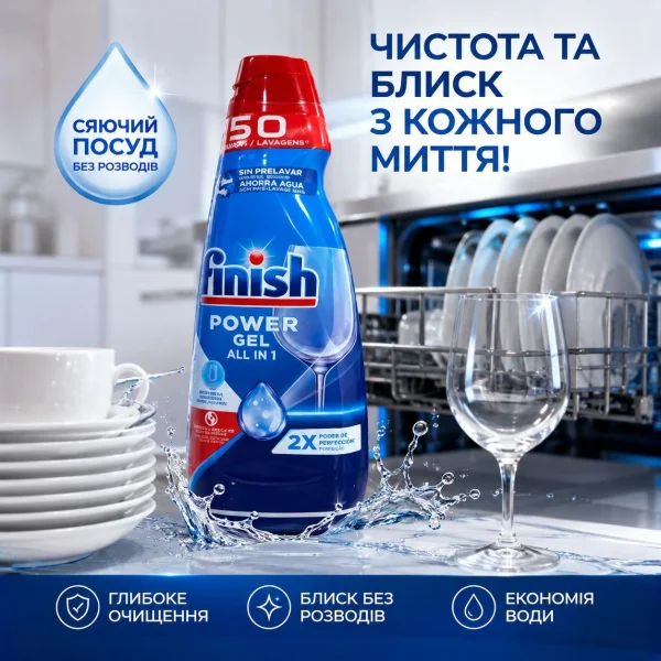 Гель для Посудомийних машин Finish Power Gel All in One 50 Sin Prelavar Фініш без попереднього Замочування 50циклів 1000мл - 2