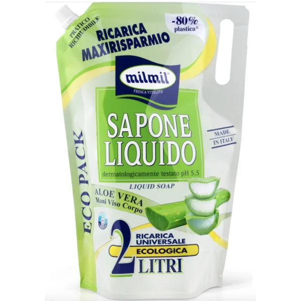 Рідке мило МегаПак MilMil Sapone Liquido Aloe Vera Maxi Bag МілМіл для Обличчя Рук та Тіла pH5.5 Алое Вера Refill 2000мл - 1