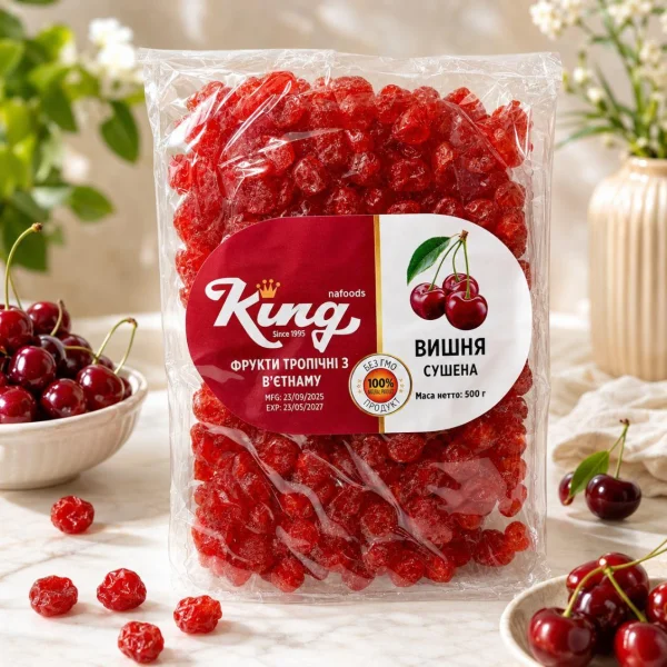 Вишня вялена натуральна Цукати Nafoods King Фрукти тропічні з Вьєтнаму Нафудс без кісточок сухофрукти Пакет 500г - 1
