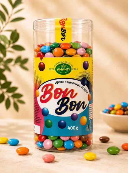 Набір Цукерки Асорті в глазурі Amanti Bon Bon драже Аманті шоколадно-молочні Тубус 400г - 1