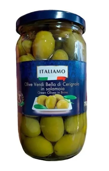 Оливки Зелені сорт Белла ді Черіньйола Italiamo Olive verdi Bella di Cerignola Італіамо Гігантські з Кісточкою 700мл 420г - 2