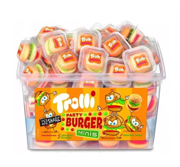 Цукерки Жувальні у формі Бургерів Trolli Party Burger Minis Тролі в індивідуальних упаковках 60шт Бокс з кришкою 600г - 1
