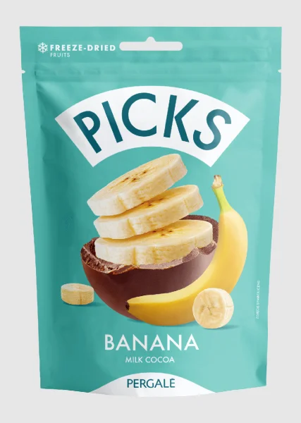 Фрукти сублімовані Банан в шоколадній оболонці Pergale Picks Freeze Dried Banana Milk Cocoa Пікс пергалі молочний Пакет 90г - 3