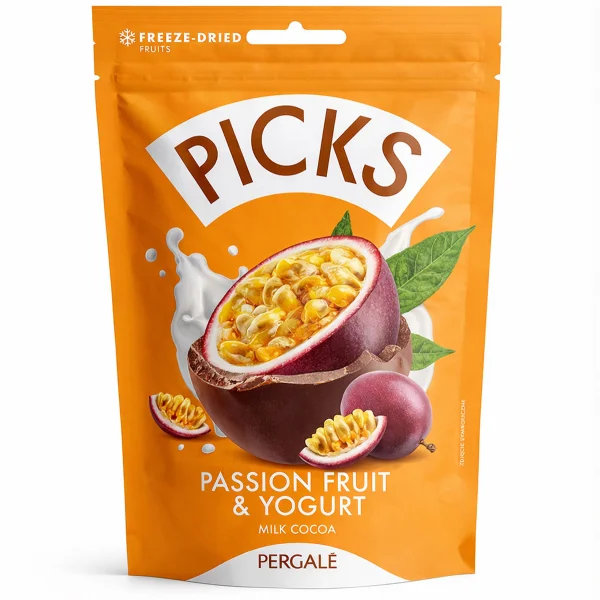 Фрукти сублімовані Маракуйя в какао оболонці Pergale Picks Freeze Dried Passion Fruit&Yoghurt Milk Cocoa Пікс пергалі Пакет 90г - 3