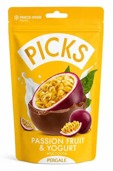 Фрукти сублімовані Маракуйя в какао оболонці Pergale Picks Freeze Dried Passion Fruit&Yoghurt Milk Cocoa Пікс пергалі Пакет 90г - 2