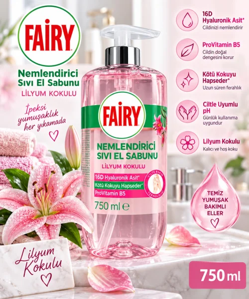 Мило-крем рідке для рук зволожуюче Fairy Lilyum Kokulu Sıvı El Sabunu Hyaluronic Acid Provitamin B5 Фейрі Лілія з дозатором 750 мл - 1