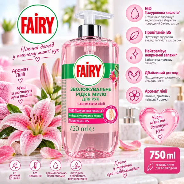 Мило-крем рідке для рук зволожуюче Fairy Lilyum Kokulu Sıvı El Sabunu Hyaluronic Acid Provitamin B5 Фейрі Лілія з дозатором 750 мл - 2