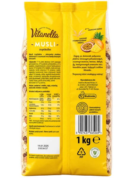 Сухий сніданок Мюслі фруктові Vitanella Musli tropicalne s tropickym ovocim Вітанелла тропічні фрукти і злаки Пакет 1кг - 3