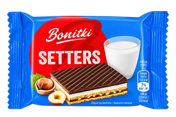 Набір Вафлі сендвіч Шоколадні Bonitki Setters Боніткі Сеттерс у шоколаді з молочно-горіховою начинкою Спайка 8шт 200г - 4