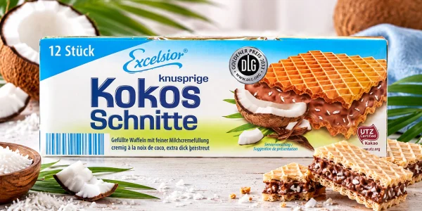 Вафлі Excelsior Kokos Schnitte Ексельсіор хрусткі з ніжною кокосово-вершковою начинкою та кокосовою стружкою 12шт 250г - 2