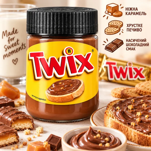 Шоколадна паста Twix Chocolate Spread Твікс з карамеллю та шматочками печива Шоколадно-карамельна паста для тостів і десертів 350г - 1