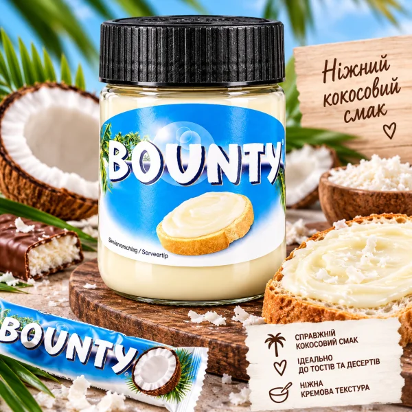 Паста Кокосова біла Bounty Coconut Spread Баунті Коконат Спред Ніжна кремова паста з кокосовим смаком для тостів і десертів 350г - 1