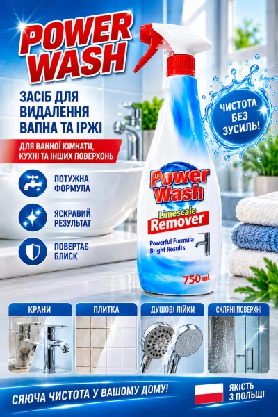 Засіб Антикальк Power Wash Limescale Remover Повер Вош від вапняного нальоту водного каменю та іржі для ванної кухні Спрей 750мл - 1