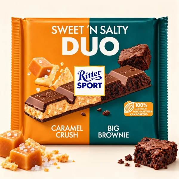 Шоколад Молочний квадратний Ritter Sport Sweet’n Salty Duo Ріттер Спорт Дуо Солона Карамель та Печиво Брауні Два Смаки Плитка 218г - 1