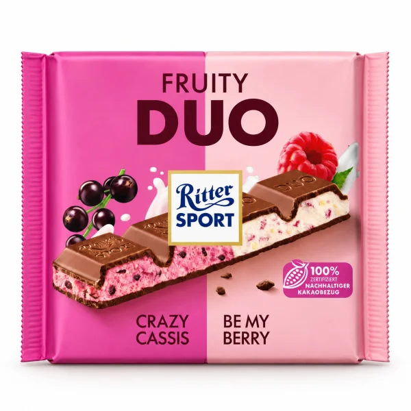 Шоколад Молочний квадратний Ritter Sport Fruity Duo Ріттер Спорт Дуо Чорна Смородина Малина йогуртова Начинка та Рис Плитка 218г - 2