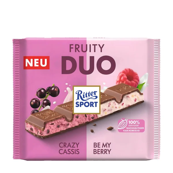 Шоколад Молочний квадратний Ritter Sport Fruity Duo Ріттер Спорт Дуо Чорна Смородина Малина йогуртова Начинка та Рис Плитка 218г - 3