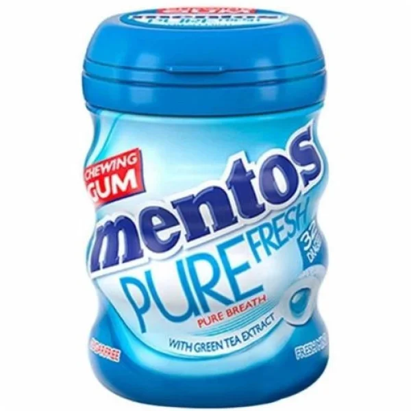 Жувальна Гумка Подушки Mentos Pure Breath Fresh Mint Ментос Пюр Фреш Свіжа Мята Без Цукру Екстракт Зеленого Чаю Синя Банка 32шт - 2