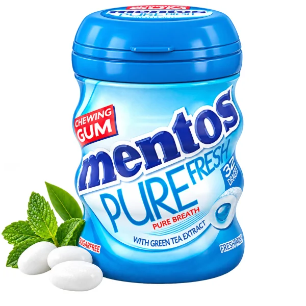 Жувальна Гумка Подушки Mentos Pure Breath Fresh Mint Ментос Пюр Фреш Свіжа Мята Без Цукру Екстракт Зеленого Чаю Синя Банка 32шт - 3