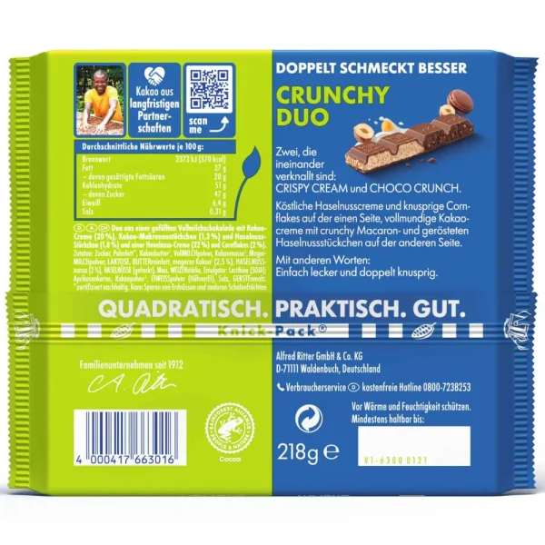 Шоколад молочний Ritter Sport Crunchy Duo Crispy Cream & Choco Crunch з фундуком Ріттер Спорт Кранчі Дуо 218г - 3