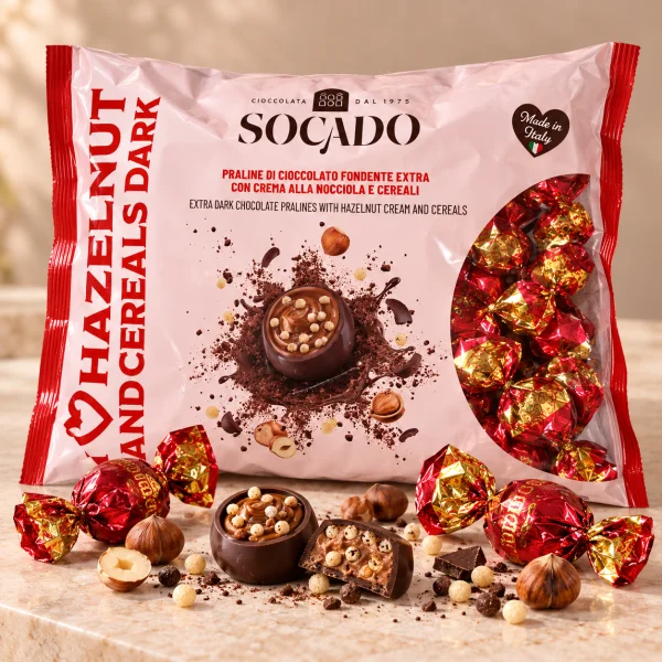 Цукерки Шоколадні Socado I Love Hazelnut and Cereals Dark Сокадо з Чорного Шоколаду з Фундуковим Кремом та Злаками Пакет 1кг - 3