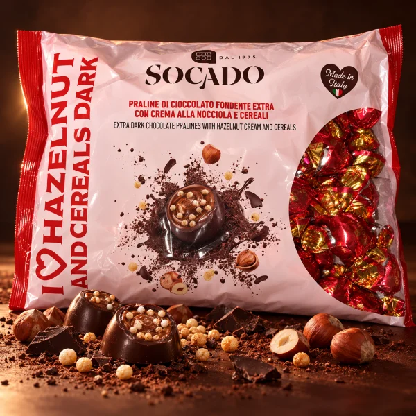 Цукерки Шоколадні Socado I Love Hazelnut and Cereals Dark Сокадо з Чорного Шоколаду з Фундуковим Кремом та Злаками Пакет 1кг - 2
