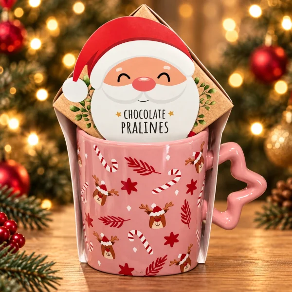 Подарунковий Набір Santa’s — Святкова Рожева Чашка з Ручкою-Серцем та Шоколадні Праліне Санта Новорічний Подарунок - 1