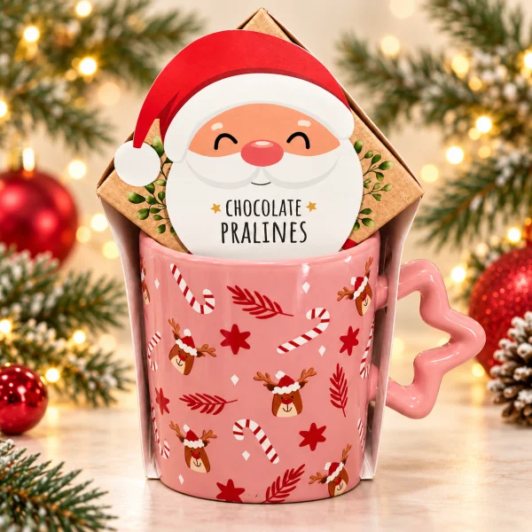 Подарунковий Набір Santa’s — Святкова Рожева Чашка з Ручкою-Серцем та Шоколадні Праліне Санта Новорічний Подарунок - 2