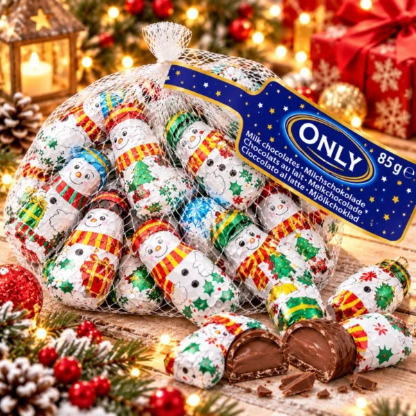 Цукерки шоколадні Новорічні Сніговики ONLY Milk Chocolates Онлі Сніговички з Молочного Шоколаду Сіточка Солодкий Подарунок 85г - 1