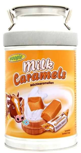 Цукерки Корівки Woogie Milk Milchcaramellen Caramels Вугі молочна Карамель у металевій скарбничці Бідончику 250г - 2