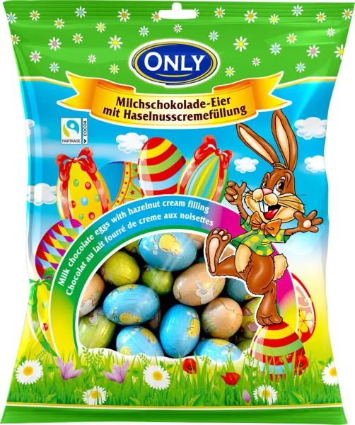 Яйця шоколадні Пасхальні Only MilchSchokolade Eier Онлі молочний шоколад з горіховим кремом у фользі з Малюнками Асорті 400г - 1